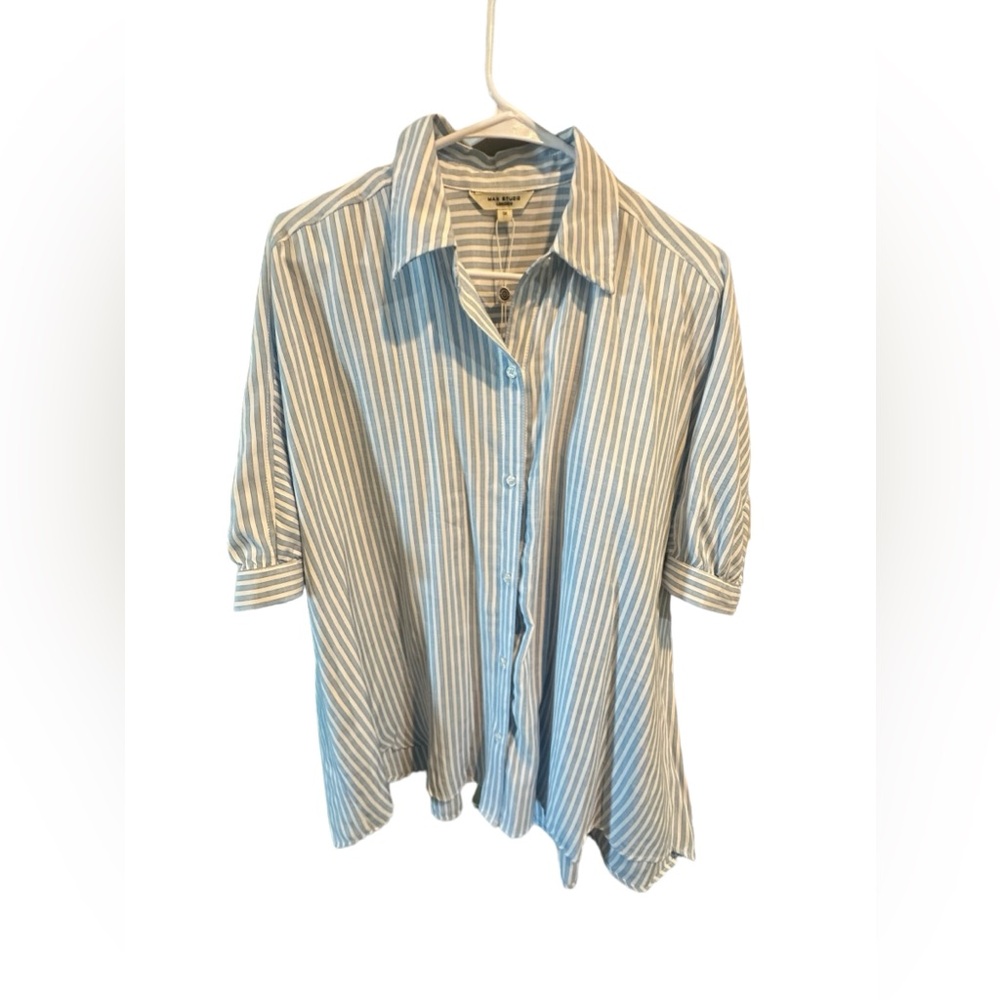 NWT Max Studio London soft blue & white stripe short sleeve blouse